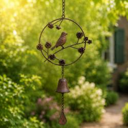 Clochette Oiseau Décoration à Suspendre Cloche de Jardin en Fonte Patinée Marron 6x20x65cm