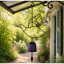 Cloche ou Décoration Murale Motifs Oiseaux et Oies à Suspendre en Fer et Fonte Patiné Noir 7x7x65cm