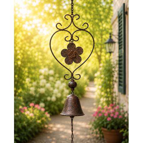 Suspension Cloche ou Décoration Murale Motifs Fleur à Accrocher en Fer Patiné Marron 7x15x70cm
