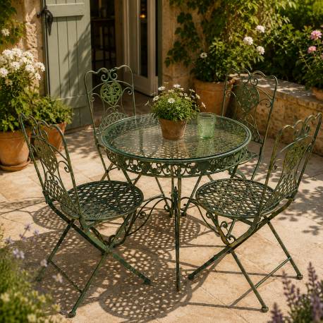 Salon de Jardin Louise 4 Places Mobilier en Verre Acier et Fonte Patiné Vert Ensemble d’Extérieur de Charme