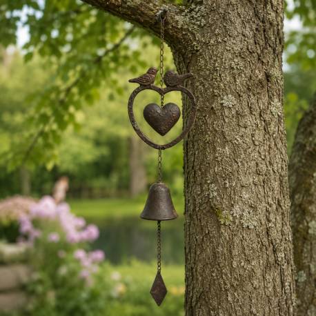 Suspension Cloche ou Décoration Murale Motifs Coeur Oiseaux à Accrocher en Fonte Patinée Marron 7x13x65cm