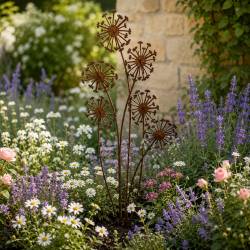 Treillage Pissenlit Tuteur Pic de Jardin Treillis Motifs 6 Fleurs en Acier Couleur Rouille 2x40x85cm