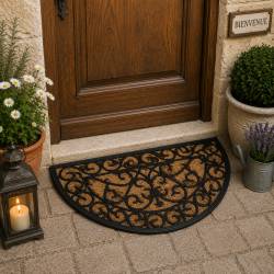 Tapis Gratte Pieds Demi-Cercle Paillasson Motifs Volutes en Coco Marron et Caoutchouc Noir 1,1x45x74,5cm