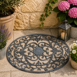 Paillasson en Fonte Tapis d’Entrée Gratte Pied Ovale Patiné Gris Décoration de Jardin Motif Volute 2x40x61cm