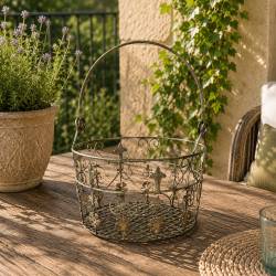 Grand Panier Jardinière à Fleurs en Métal Patiné Vert Antique Corbeille à Volutes 32x32x42cm