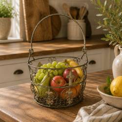 Moyen Panier Jardinière à Fleurs en Métal Patiné Vert Antique Corbeille à Volutes 27x27x39cm