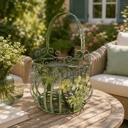 Petite Jardinière Façon Panier Pot de Fleur Bac de Plantation en Métal Vert 21,5x21,5x33cm