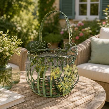 Petite Jardinière Façon Panier Pot de Fleur Bac de Plantation en Métal Vert 21,5x21,5x33cm