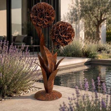 Fleur Double XXL sur Socle Décoration de Jardin en Acier Oxydé Sculpture Végétale à Poser 45x75x130cm