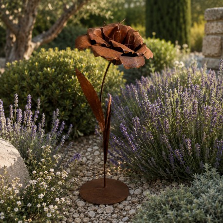 Rose sur Socle Fleur en Acier Oxydé Sculpture Végétale en Forme de Rose à Poser 40x40x115cm