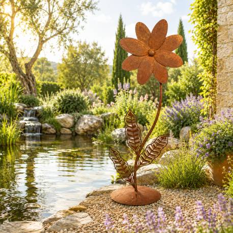 Marguerite en Acier Oxydé Sculpture Florale à Poser Décoration de Jardin sur Socle géante 35x47x118cm