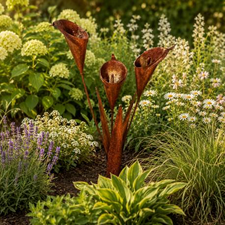 Trio d'Arômes en Acier Oxydé Bouquet Floral Décoration de Jardin Sculpture à Piquer 25x47x105cm