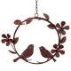 Décoration à Suspendre Couronne avec Oiseaux et Fleurs en Acier Suspension Champêtre Oxydée 30x40x59cm