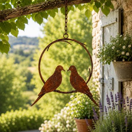 Décoration à Suspendre Couronne avec Oiseaux en Acier Suspension Champêtre Oxydée 26x37x55cm