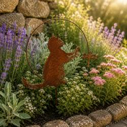 Chat Gus à Piquer Plaque Féline en Acier Oxydé Silhouette de Jardin Animale Décoration Extérieure 1x35x43cm