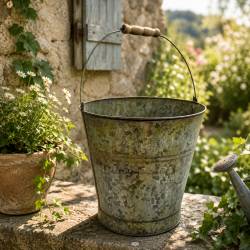 Seau avec Anse en Acier Effet Zinc Décoration de Jardin à Poser Cache Pot Champêtre et Vintage 27x27x26cm