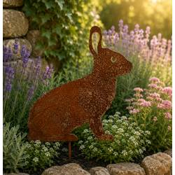 Lapin Gabin à Piquer Plaque de Jardin en Acier Oxydé Silhouette de Léporidé Décoration Extérieure 1x34,5x36,5cm