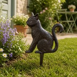 Chat Berlioz en Fonte à Piquer Statue Animale Patinée Marron Décoration de Jardin sur Pic 0,6x19x32,5cm