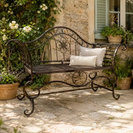 Banc Style Dagobert Banquette Fauteuil Mobilier de Jardin Assise Exterieur 2 Places en Fer Marron 57x93x144cm