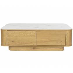 Table Basse Almira Woody Table de Salon Bois Finition Naturel et Pierre Frittée Console Basse 2 Tiroirs 38x60x120cm