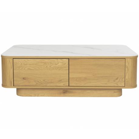 Table Basse Almira Woody Table de Salon Bois Finition Naturel et Pierre Frittée Console Basse 2 Tiroirs 38x60x120cm