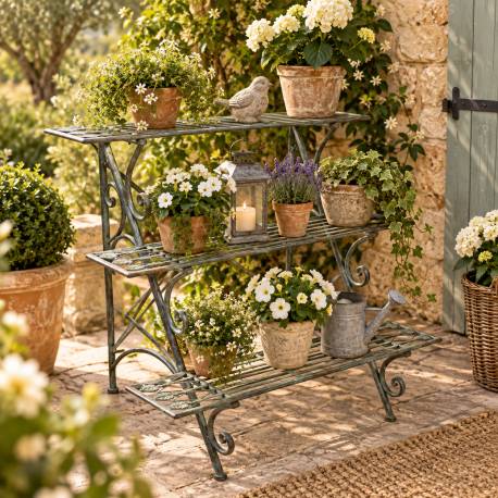 Escabeau en Acier Patinée Vert Porte-plantes Support 3 Niveaux Mobilier de Jardin Décoratif 61x82x90cm