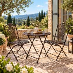 Salon de Jardin Gaspard Ensemble Table et 2 Chaises en Acier Marron Mobilier de Jardin