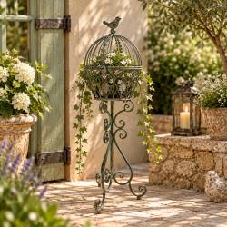 Cage Décorative sur Pied Jardinière en Acier Patiné Vert Support à Plantes 31x31x90cm