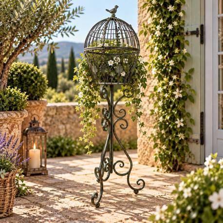 Cage Décorative sur Pied Jardinière en Acier Patiné Vert Support à Plantes 34x34x116cm