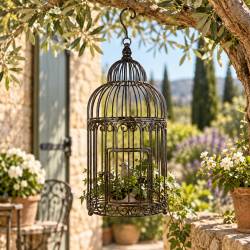 Cage Décorative PM Volière Décorative en Acier Patiné Marron Décoration de Jardin 23x23x48cm