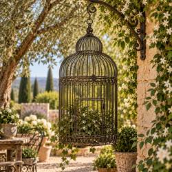 Cage Décorative GM Volière Décorative en Acier Patiné Marron Décoration de Jardin 28x28x58cm