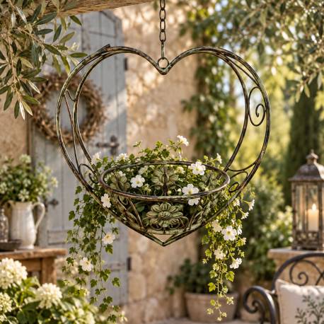 Suspension Cœur en Acier Patiné Vert Antique Support à Plante Jardinière à Accrocher 22,5x37x69cm