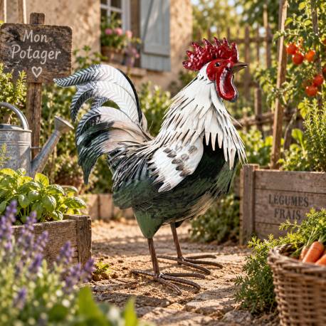 Coq Léonard en Acier Coloré Animal Décoratif Sculpture de Jardin Décoration Campagne 17x36x40cm