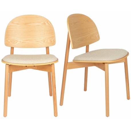 Lot de 2 Chaises Sunrise Zuiver Duo d'Assise de Table en Bois de Hêtre et Tissu Beige Style Scandinave 48,2x52,3x81,5cm