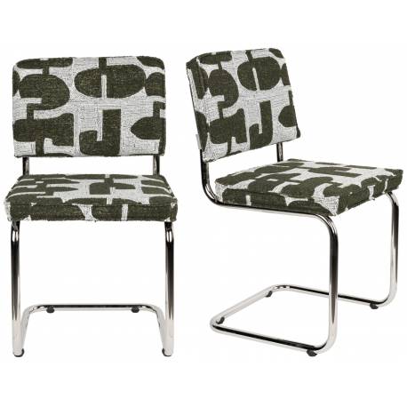 Duo de Chaises Ridge Deco Symboles Zuiver Lot de Deux Sièges en Acier Chromé et Tissu Chiné Tons Vert 48x50x85cm