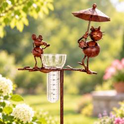 Pluviomètre à Piquer Tuteur Plante Décoration de Jardin Motif Chat et Souris en Métal Patiné Marron et Tube en Verre 17x33x119cm