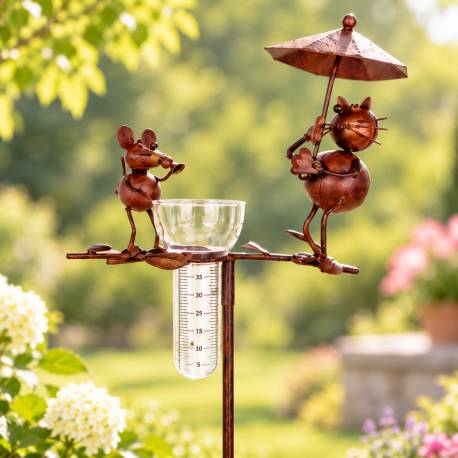 Pluviomètre à Piquer Tuteur Plante Décoration de Jardin Motif Chat et Souris en Métal Patiné Marron et Tube en Verre 17x33x119cm