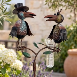 Superbe Pluviomètre à Piquer Tuteur Plante Décoration de Jardin Motif Corbeaux en Fer Patiné et Tube en Verre 23x29x130cm