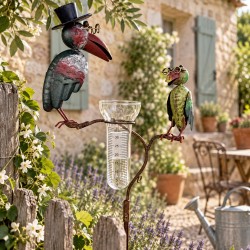 Superbe Pluviomètre à Piquer Tuteur Plante Décoration de Jardin Motif Corbeaux en Acier Patiné et Tube en Verre 12x30x140cm