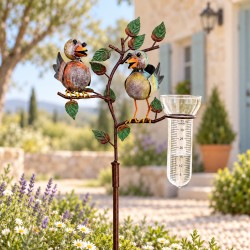 Superbe Pluviomètre à Piquer Tuteur Plante Décoration de Jardin Motif Oiseaux en Fer Patiné et Tube en Verre 15x29x132cm