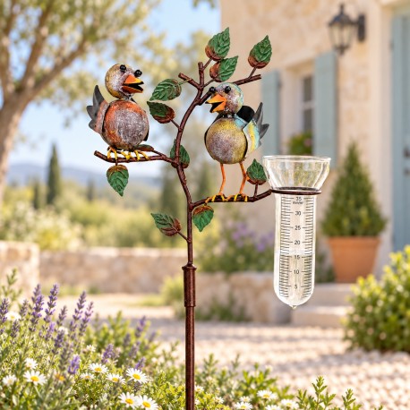 Superbe Pluviomètre à Piquer Tuteur Plante Décoration de Jardin Motif Oiseaux en Fer Patiné et Tube en Verre 15x29x132cm