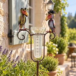 Superbe Pluviomètre à Piquer Tuteur Plante Décoration de Jardin Motif Corbeaux en Fer Patiné et Tube en Verre 8,25x24x129,5cm