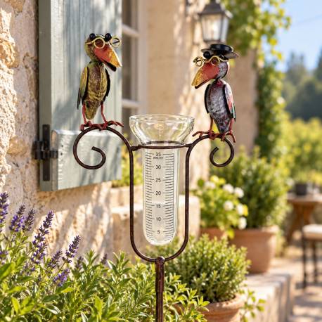 Superbe Pluviomètre à Piquer Tuteur Plante Décoration de Jardin Motif Corbeaux en Fer Patiné et Tube en Verre 12x23x145cm