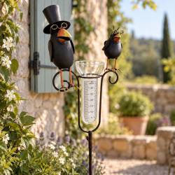Superbe Pluviomètre à Piquer Tuteur Plante Décoration de Jardin Motif Corbeaux en Fer Patiné et Tube en Verre 12x23x145cm