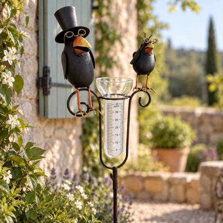 Superbe Pluviomètre à Piquer Tuteur Plante Décoration de Jardin Motif Corbeaux en Fer Patiné et Tube en Verre 12x23x145cm