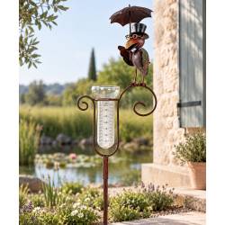 Pluviomètre à Piquer Tuteur à Plantes Déco de Jardin Corbeau en Acier et Verre 9,5x22x142cm
