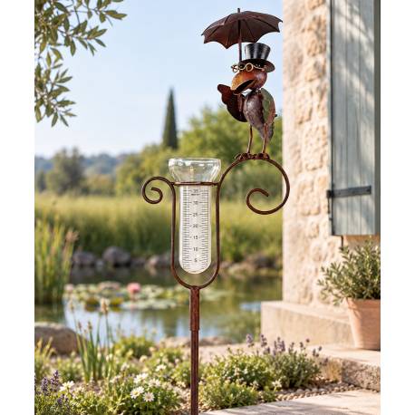 Pluviomètre à Piquer Tuteur à Plantes Déco de Jardin Corbeau en Acier et Verre 9,5x22x142cm