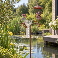 Pluviomètre à Piquer Tuteur Plante Décoration de Jardin Motif Chat et Souris en Métal Patiné Coloré et Tube en Verre 17x33x119cm