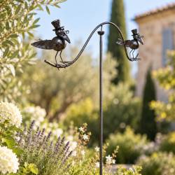 Tuteur Tige pour Plantes Motifs Double Oiseaux ou Mobile de Jardin Rotatif à Planter en Fer Patiné Marron 62x62x139cm