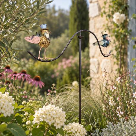 Tuteur Tige pour Plantes Motifs Double Oiseaux ou Mobile de Jardin Rotatif à Planter en Fer Patiné Multicolore 62x62x139cm